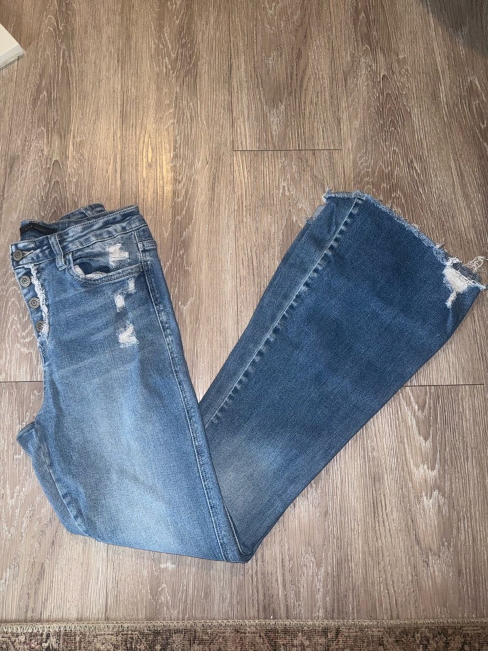 Flying Monkey Distressed Medium Blue Flare Jeans with Frayed Hem